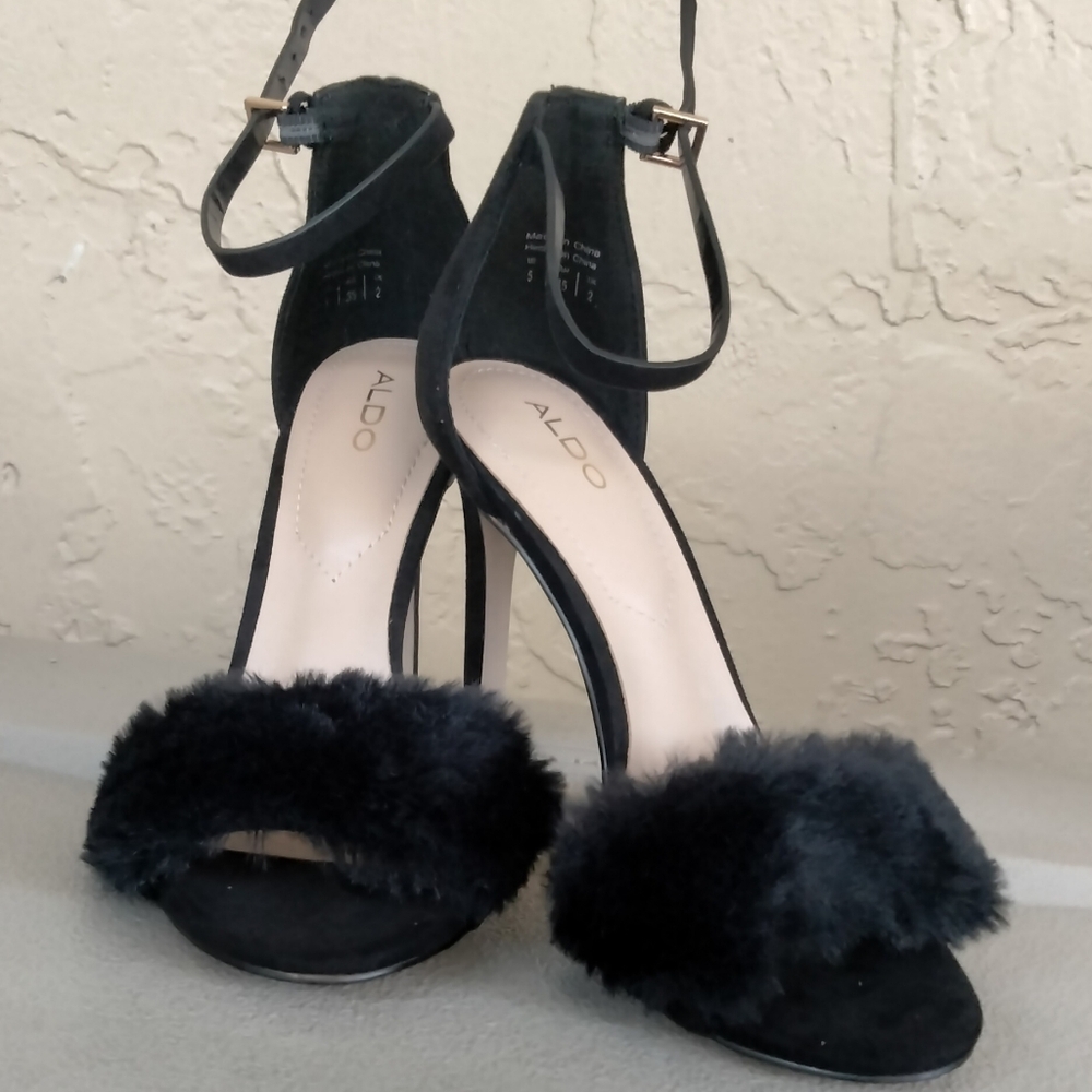 ALDO "Lalisa" Black Fur-Trim Ankle Strap Heels